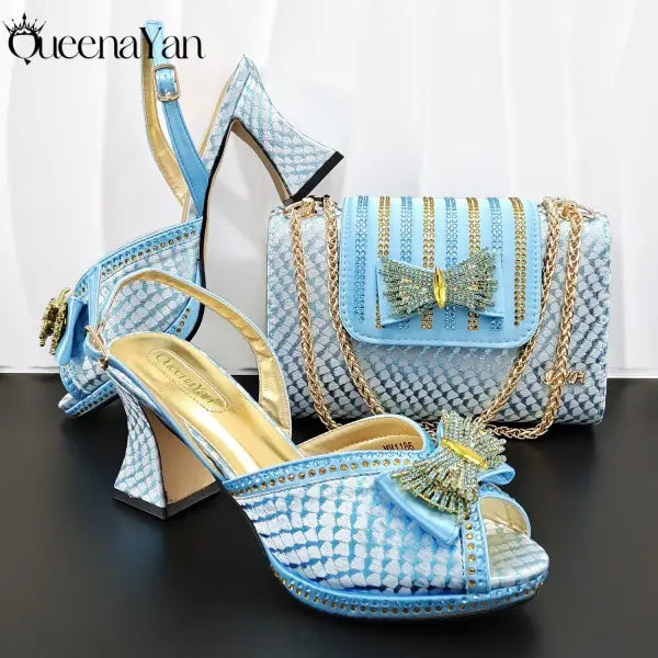 Sky Blue Peep Toe Heels Handbag Set Square Heel Wedding - Sky Blue / 40 / China Mainland