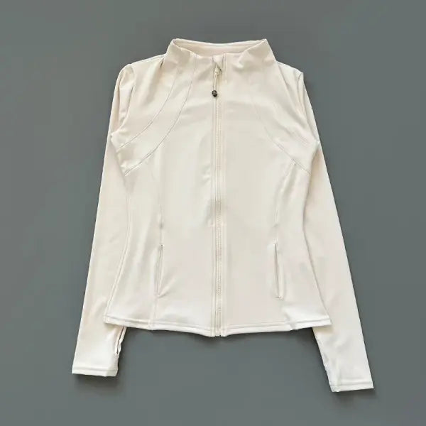 Women’s Quick-Dry Fitness Jacket – Slim-Fit Stand-Up Collar Zipper Yoga & Running Top - Ivory / L