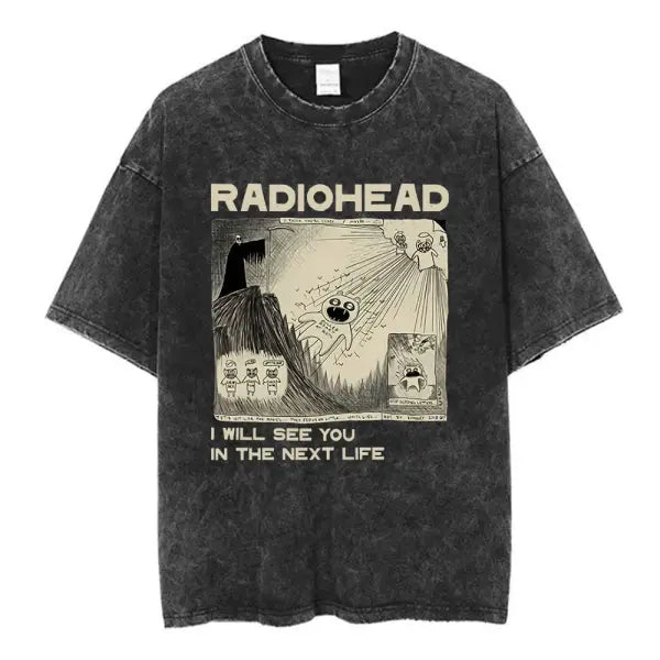 Radiohead Rock Band Washed Cotton T Shirt Men Women Hip Hop Music Tee Fashion Short Sleeve Tshirt Summer Oversized