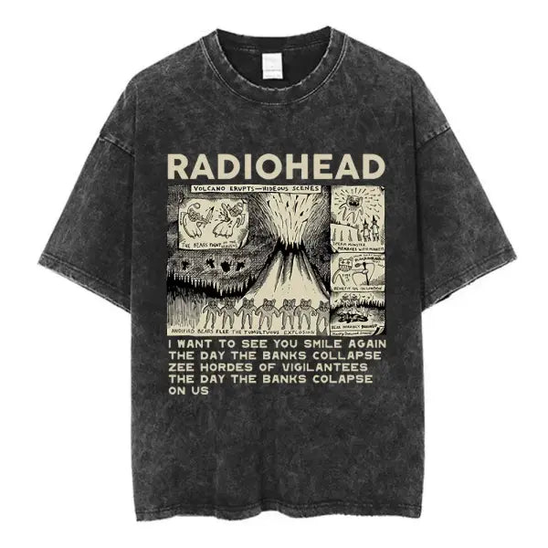 Radiohead Rock Band Washed Cotton T Shirt Men Women Hip Hop Music Tee Fashion Short Sleeve Tshirt Summer Oversized