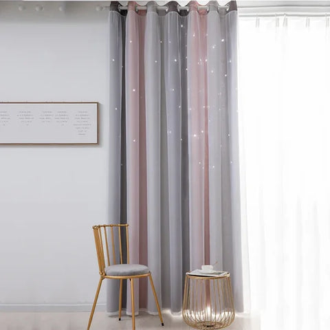 Rainbow Hollow-Out Star Blackout Curtains – Cute Double Layer Grommet - Pink Gray-1panel / 140x240cm / Grommet Top