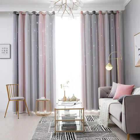 Rainbow Hollow-Out Star Blackout Curtains – Cute Double Layer Grommet - Pink Gray-2panels / 132x160cm / Grommet Top