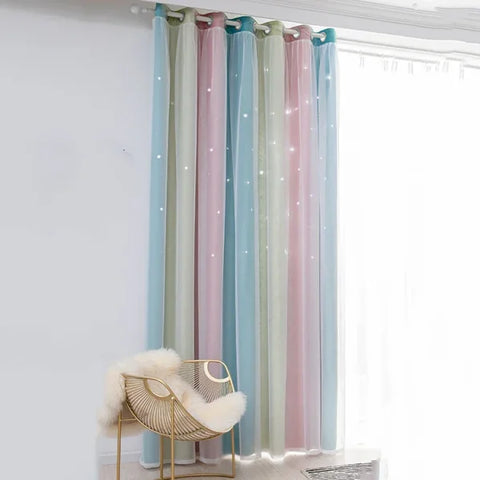 Rainbow Hollow-Out Star Blackout Curtains – Cute Double Layer Grommet - Pink Green-1panel / 132X274cm / Grommet Top