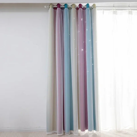 Rainbow Hollow-Out Star Blackout Curtains – Cute Double Layer Grommet - Pink Purple-1panel / 132x160cm / Grommet Top