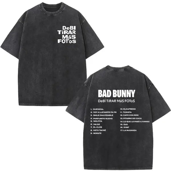 Bad Bunny DTMF Washed Vintage T-Shirt – ’Debi Tirar Mas Fotos’ Album Cover Tee Oversized Hip Hop Streetwear for Men &