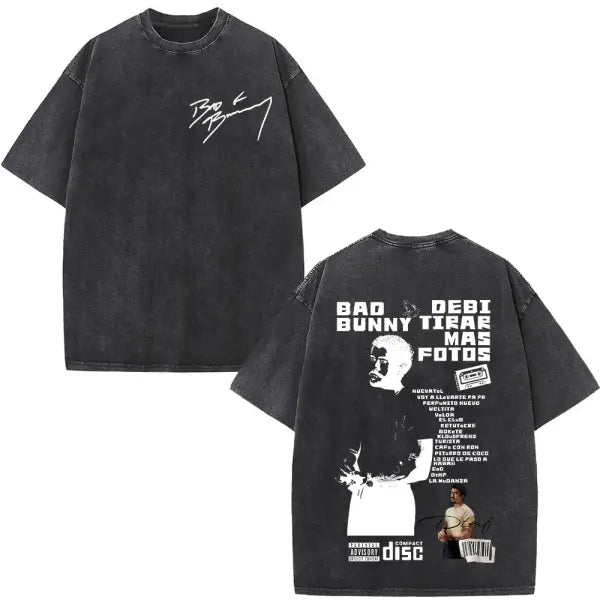 Bad Bunny DTMF Washed Vintage T-Shirt – ’Debi Tirar Mas Fotos’ Album Cover Tee Oversized Hip Hop Streetwear for Men &