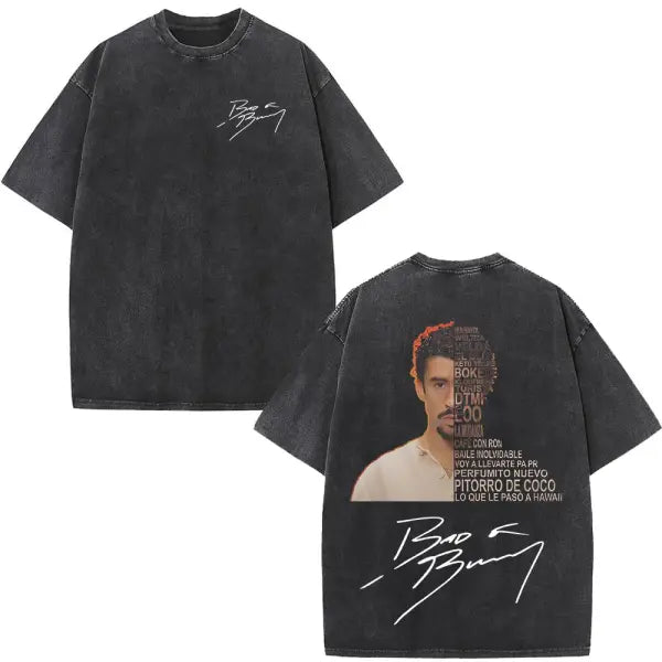 Bad Bunny DTMF Washed Vintage T-Shirt – ’Debi Tirar Mas Fotos’ Album Cover Tee Oversized Hip Hop Streetwear for Men &