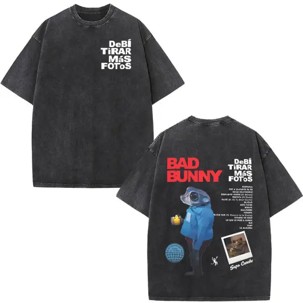 Bad Bunny DTMF Washed Vintage T-Shirt – ’Debi Tirar Mas Fotos’ Album Cover Tee Oversized Hip Hop Streetwear for Men &