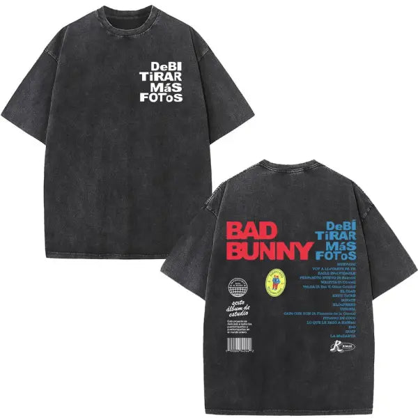 Bad Bunny DTMF Washed Vintage T-Shirt – ’Debi Tirar Mas Fotos’ Album Cover Tee Oversized Hip Hop Streetwear for Men &