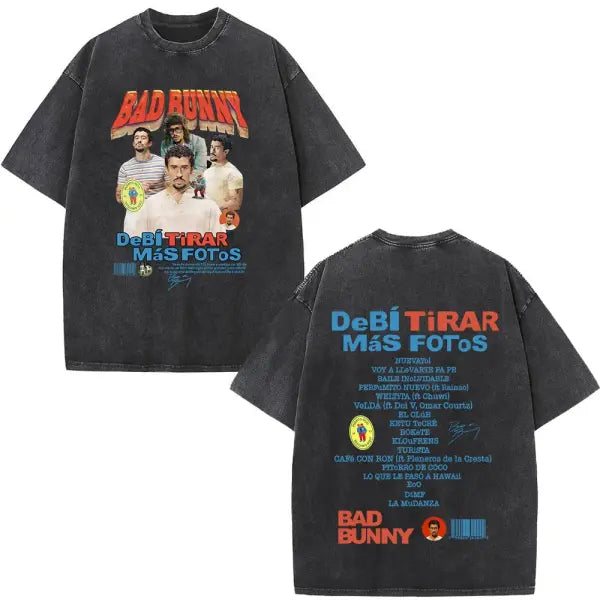 Bad Bunny DTMF Washed Vintage T-Shirt – ’Debi Tirar Mas Fotos’ Album Cover Tee Oversized Hip Hop Streetwear for Men &