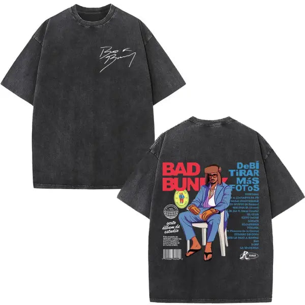 Bad Bunny DTMF Washed Vintage T-Shirt – ’Debi Tirar Mas Fotos’ Album Cover Tee Oversized Hip Hop Streetwear for Men &