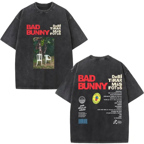 Bad Bunny DTMF Washed Vintage T-Shirt – ’Debi Tirar Mas Fotos’ Album Cover Tee Oversized Hip Hop Streetwear for Men &