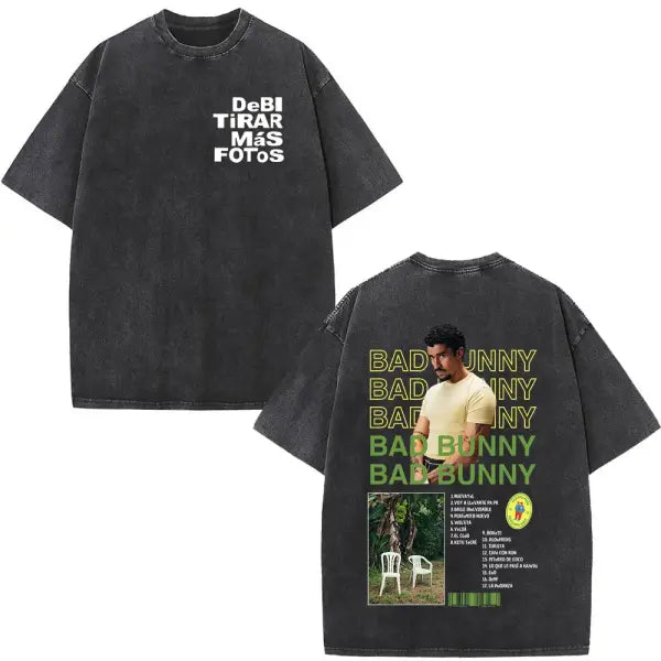 Bad Bunny DTMF Washed Vintage T-Shirt – ’Debi Tirar Mas Fotos’ Album Cover Tee Oversized Hip Hop Streetwear for Men &
