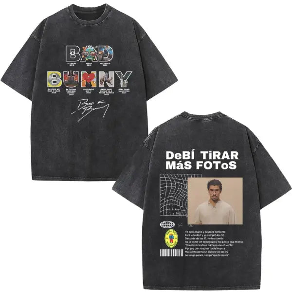 Bad Bunny DTMF Washed Vintage T-Shirt – ’Debi Tirar Mas Fotos’ Album Cover Tee Oversized Hip Hop Streetwear for Men &