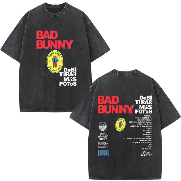 Bad Bunny DTMF Washed Vintage T-Shirt – ’Debi Tirar Mas Fotos’ Album Cover Tee Oversized Hip Hop Streetwear for Men &