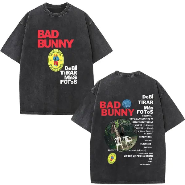 Bad Bunny DTMF Washed Vintage T-Shirt – ’Debi Tirar Mas Fotos’ Album Cover Tee Oversized Hip Hop Streetwear for Men &
