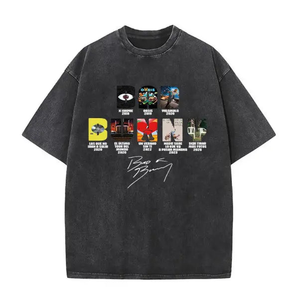 Bad Bunny DTMF Washed Vintage T-Shirt – ’Debi Tirar Mas Fotos’ Album Cover Tee Oversized Hip Hop Streetwear for Men &