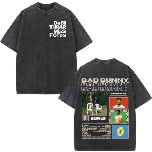 Bad Bunny DTMF Washed Vintage T-Shirt – ’Debi Tirar Mas Fotos’ Album Cover Tee Oversized Hip Hop Streetwear for Men &