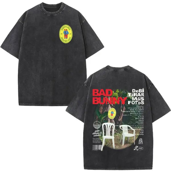 Bad Bunny DTMF Washed Vintage T-Shirt – ’Debi Tirar Mas Fotos’ Album Cover Tee Oversized Hip Hop Streetwear for Men &
