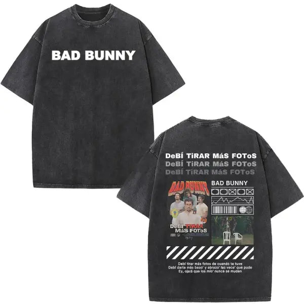 Bad Bunny DTMF Washed Vintage T-Shirt – ’Debi Tirar Mas Fotos’ Album Cover Tee Oversized Hip Hop Streetwear for Men &