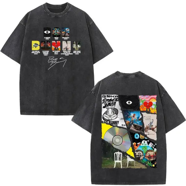 Bad Bunny DTMF Washed Vintage T-Shirt – ’Debi Tirar Mas Fotos’ Album Cover Tee Oversized Hip Hop Streetwear for Men &
