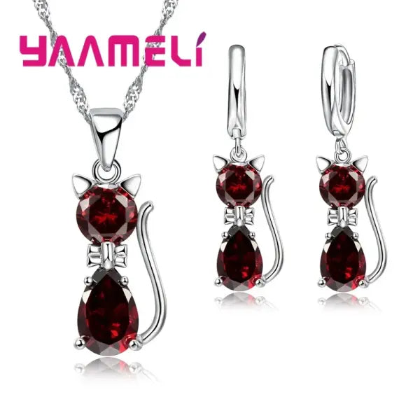925 Sterling Silver Cat Jewelry Set – Crystal Pendant Necklace & Huggie Earrings for Women & Girls - Red