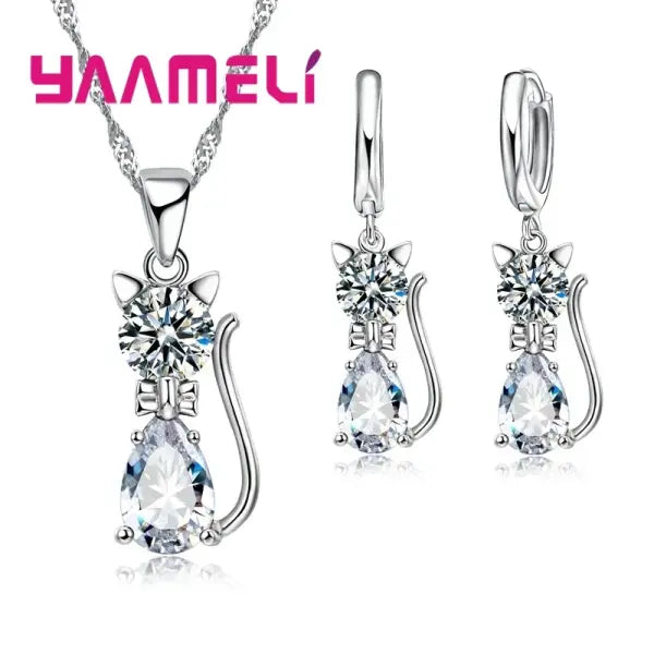 925 Sterling Silver Cat Jewelry Set – Crystal Pendant Necklace & Huggie Earrings for Women & Girls - White