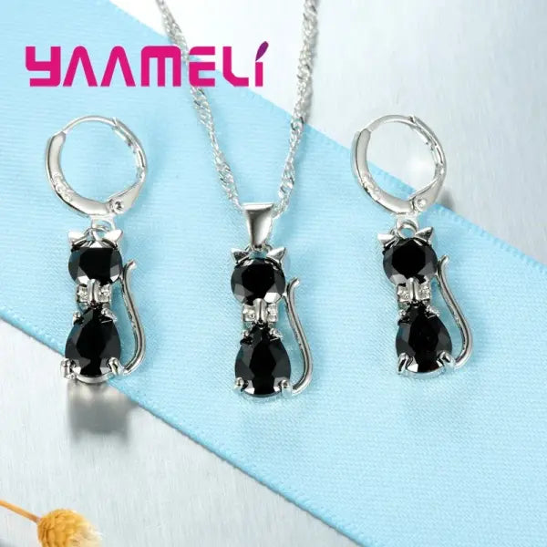 925 Sterling Silver Cat Jewelry Set – Crystal Pendant Necklace & Huggie Earrings for Women & Girls