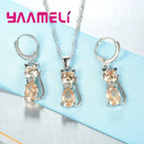 925 Sterling Silver Cat Jewelry Set – Crystal Pendant Necklace & Huggie Earrings for Women & Girls