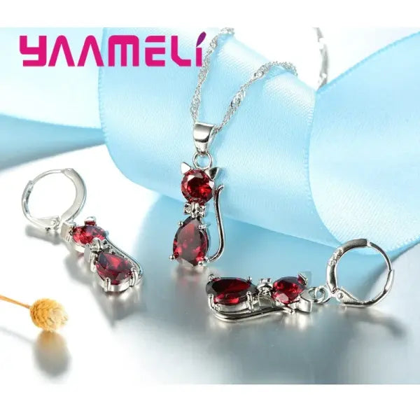 925 Sterling Silver Cat Jewelry Set – Crystal Pendant Necklace & Huggie Earrings for Women & Girls