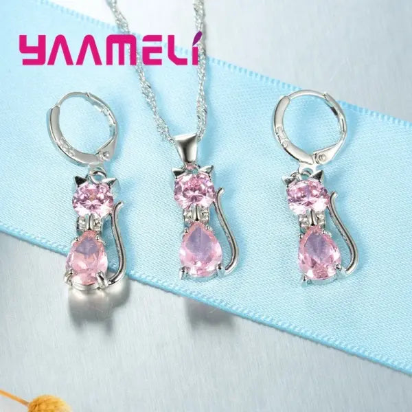 925 Sterling Silver Cat Jewelry Set – Crystal Pendant Necklace & Huggie Earrings for Women & Girls