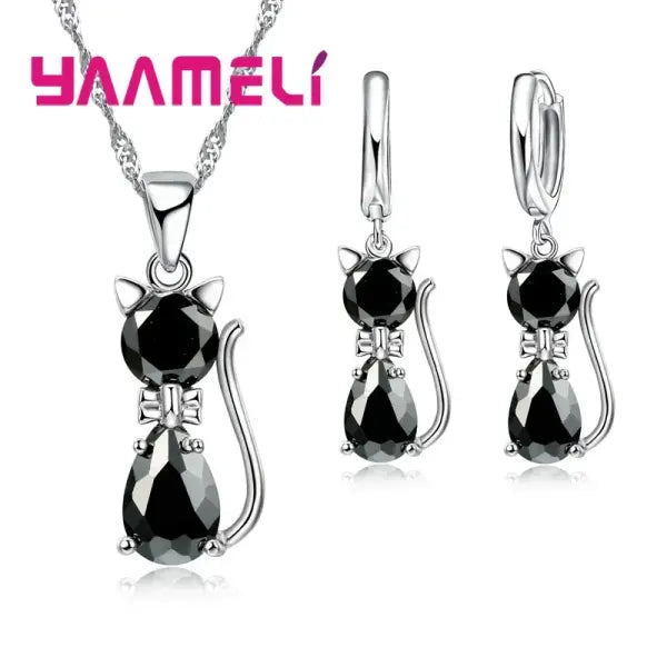 925 Sterling Silver Cat Jewelry Set – Crystal Pendant Necklace & Huggie Earrings for Women & Girls - Black