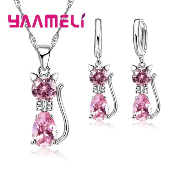 925 Sterling Silver Cat Jewelry Set – Crystal Pendant Necklace & Huggie Earrings for Women & Girls - Pink
