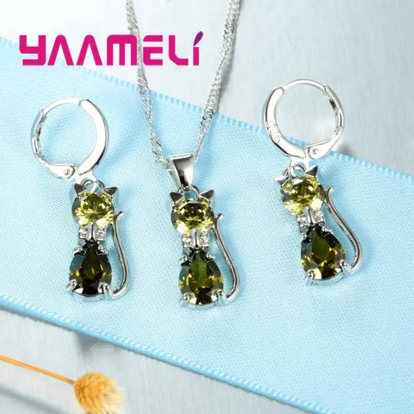 925 Sterling Silver Cat Jewelry Set – Crystal Pendant Necklace & Huggie Earrings for Women & Girls