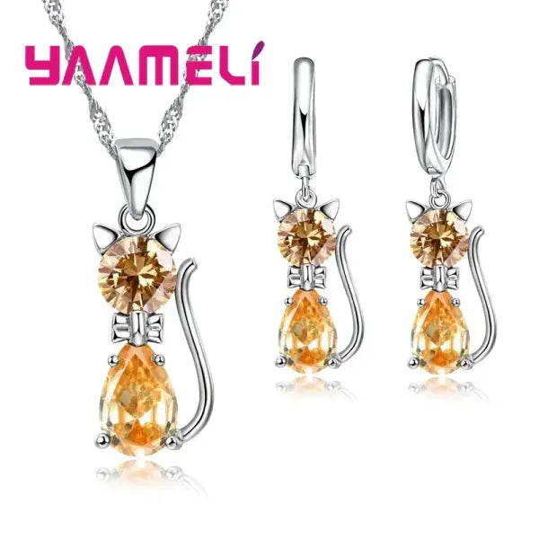925 Sterling Silver Cat Jewelry Set – Crystal Pendant Necklace & Huggie Earrings for Women & Girls - Yellow
