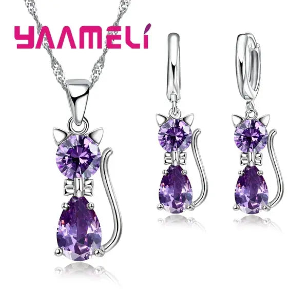925 Sterling Silver Cat Jewelry Set – Crystal Pendant Necklace & Huggie Earrings for Women & Girls - Purple
