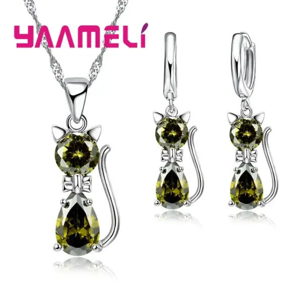 925 Sterling Silver Cat Jewelry Set – Crystal Pendant Necklace & Huggie Earrings for Women & Girls - Green