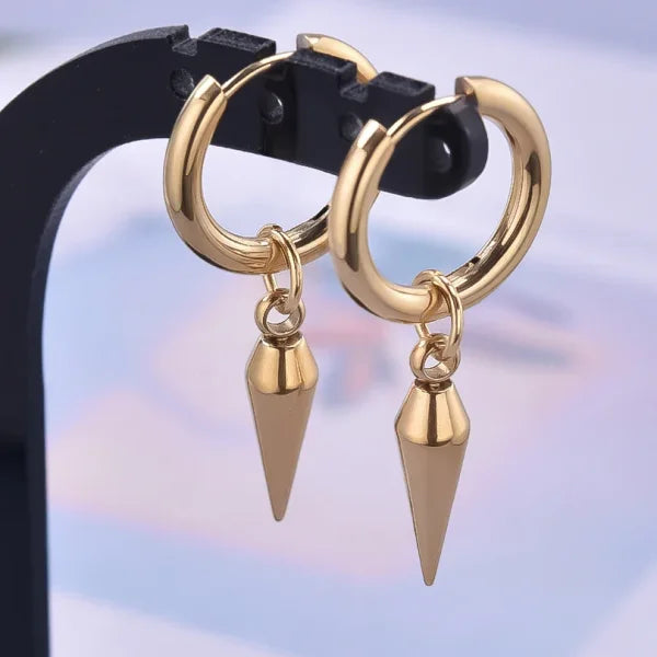 Real Gold Plated Hoop Dangle Earrings – Stainless Steel Heart & Cone Design - Himpall