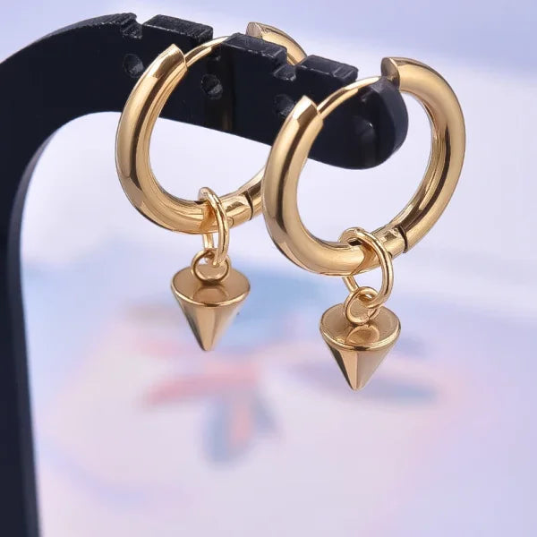 Real Gold Plated Hoop Dangle Earrings – Stainless Steel Heart & Cone Design - Himpall