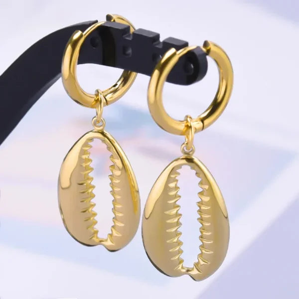 Real Gold Plated Hoop Dangle Earrings – Stainless Steel Heart & Cone Design - Himpall
