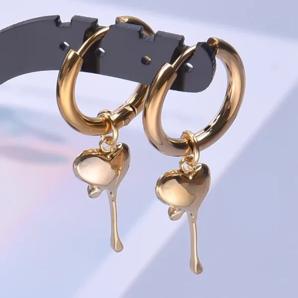 Real Gold Plated Hoop Dangle Earrings – Stainless Steel Heart & Cone Design - Himpall