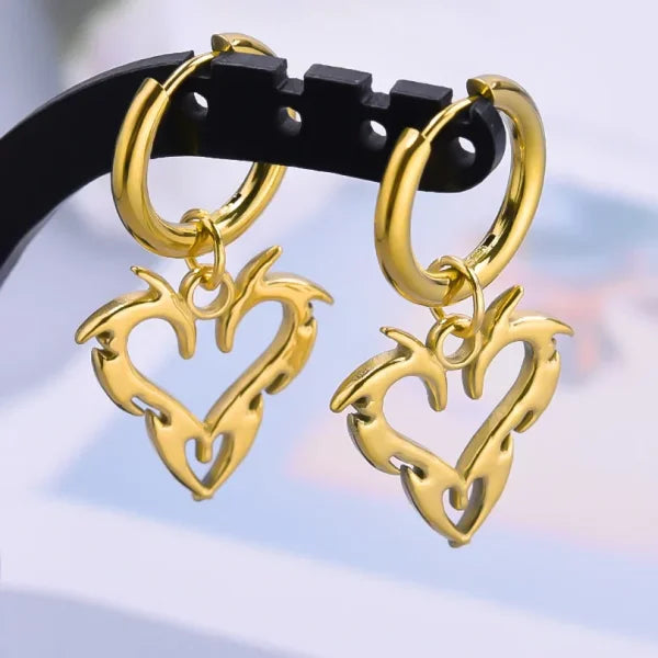 Real Gold Plated Hoop Dangle Earrings – Stainless Steel Heart & Cone Design - Himpall