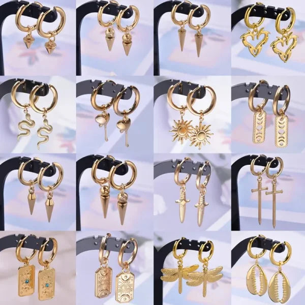 Real Gold Plated Hoop Dangle Earrings – Stainless Steel Heart & Cone Design - Himpall
