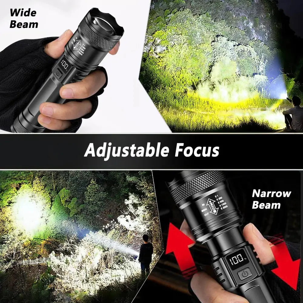 Rechargeable LED Flashlight Zoomable Torch with LCD Display 3 Modes Waterproof High Power Hand Light Outdoor Wilderness