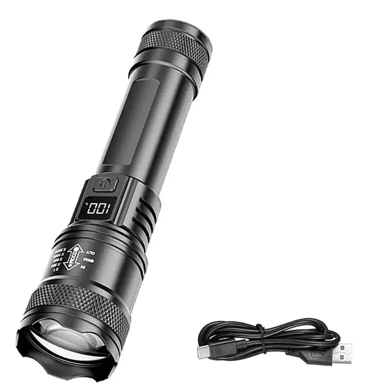 Rechargeable LED Flashlight Zoomable Torch with LCD Display 3 Modes Waterproof High Power Hand Light Outdoor Wilderness