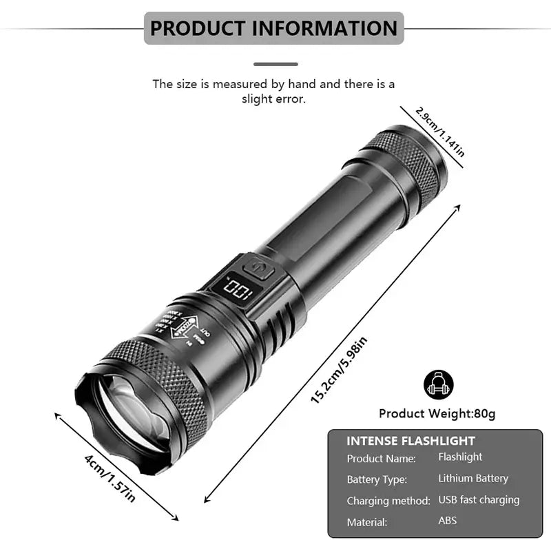 Rechargeable LED Flashlight Zoomable Torch with LCD Display 3 Modes Waterproof High Power Hand Light Outdoor Wilderness