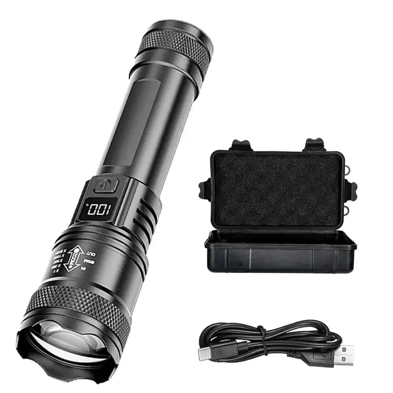 Rechargeable LED Flashlight Zoomable Torch with LCD Display 3 Modes Waterproof High Power Hand Light Outdoor Wilderness