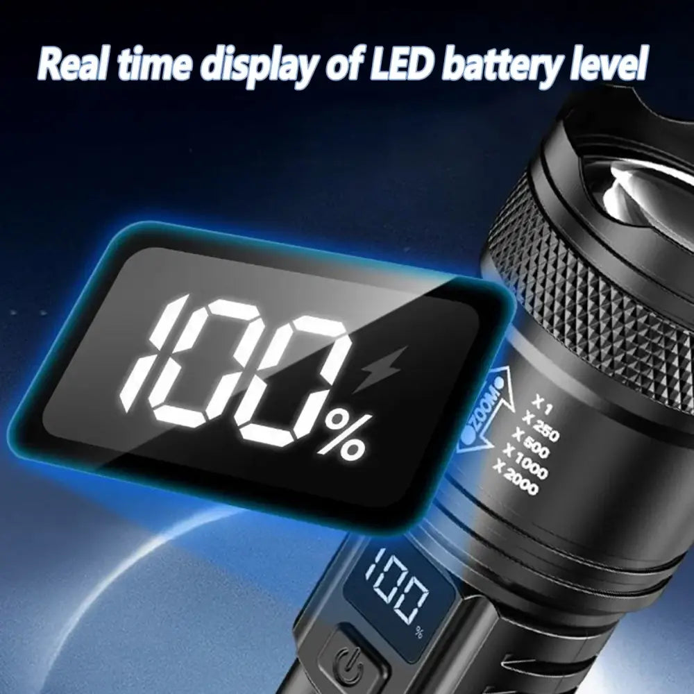 Rechargeable LED Flashlight Zoomable Torch with LCD Display 3 Modes Waterproof High Power Hand Light Outdoor Wilderness