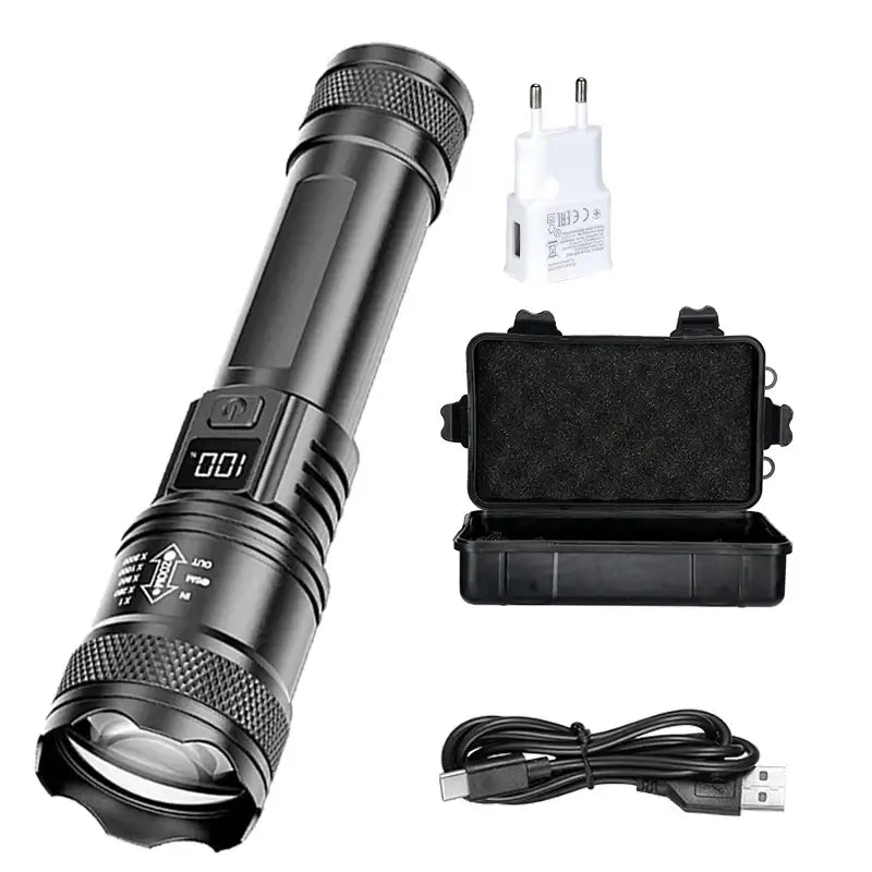 Rechargeable LED Flashlight Zoomable Torch with LCD Display 3 Modes Waterproof High Power Hand Light Outdoor Wilderness