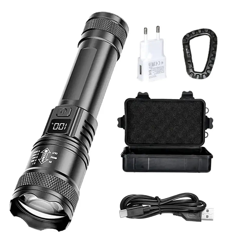 Rechargeable LED Flashlight Zoomable Torch with LCD Display 3 Modes Waterproof High Power Hand Light Outdoor Wilderness